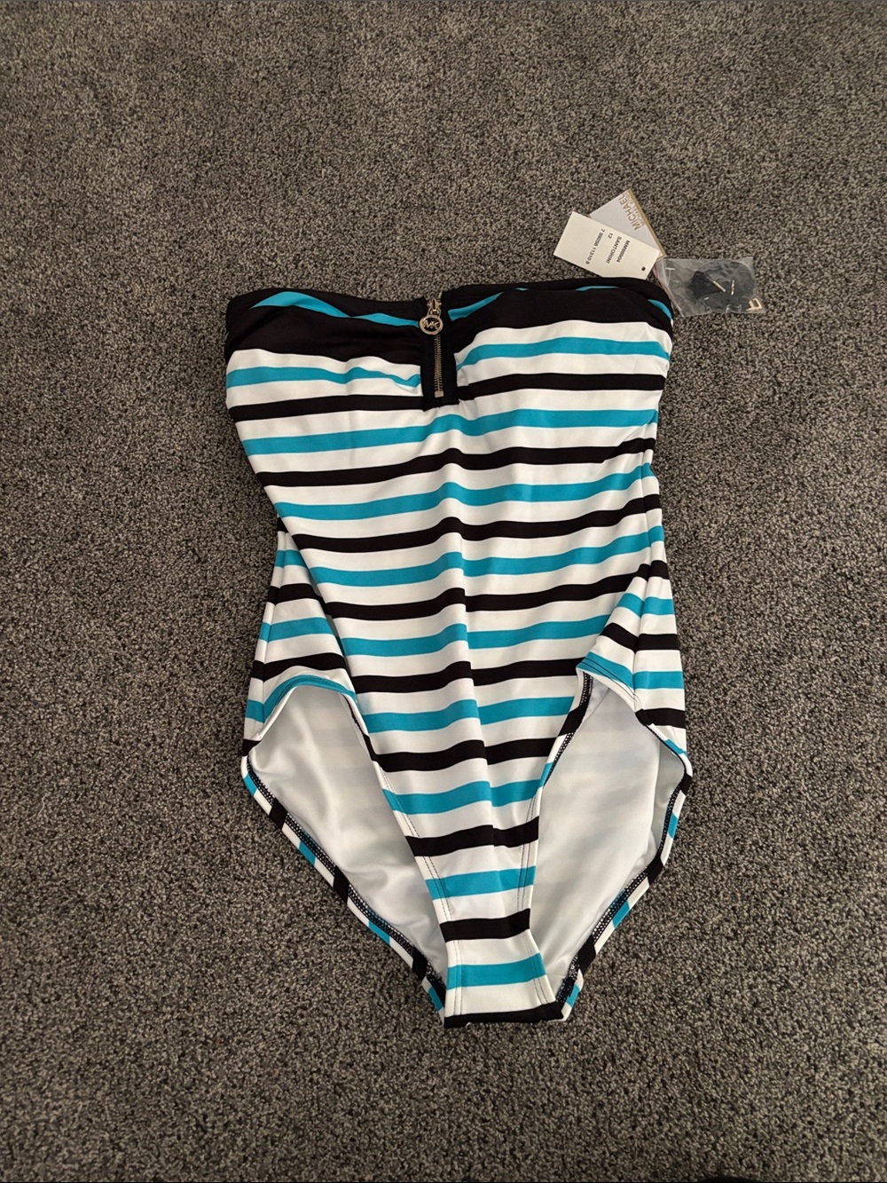 Michael Kors Black, White & Turquoise Striped One-Piece Swimsuit